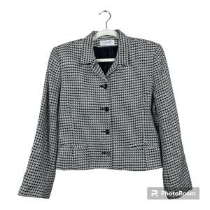 VTG Soiree Tweed Jacket Medium Black White Handwoven Silk Cropped Button Preppy